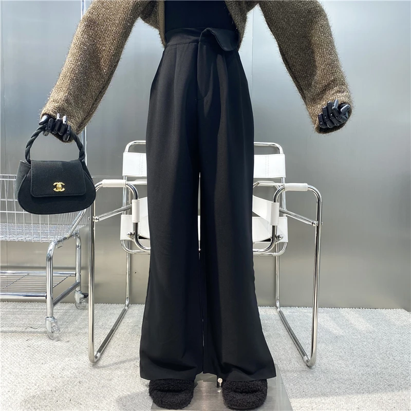 

Нишевый дизайн, новинка, подвесные однотонные Костюмные брюки с высокой талией, прямая Швабра для пола, повседневные широкие брюки