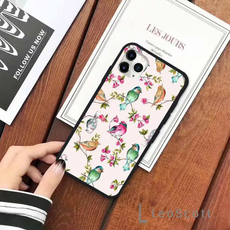 

Hand-painted flowers bird Phone Case for iPhone 11 12 pro XS MAX 8 7 6 6S Plus X 5S SE 2020 XR Soft silicone cover funda coque