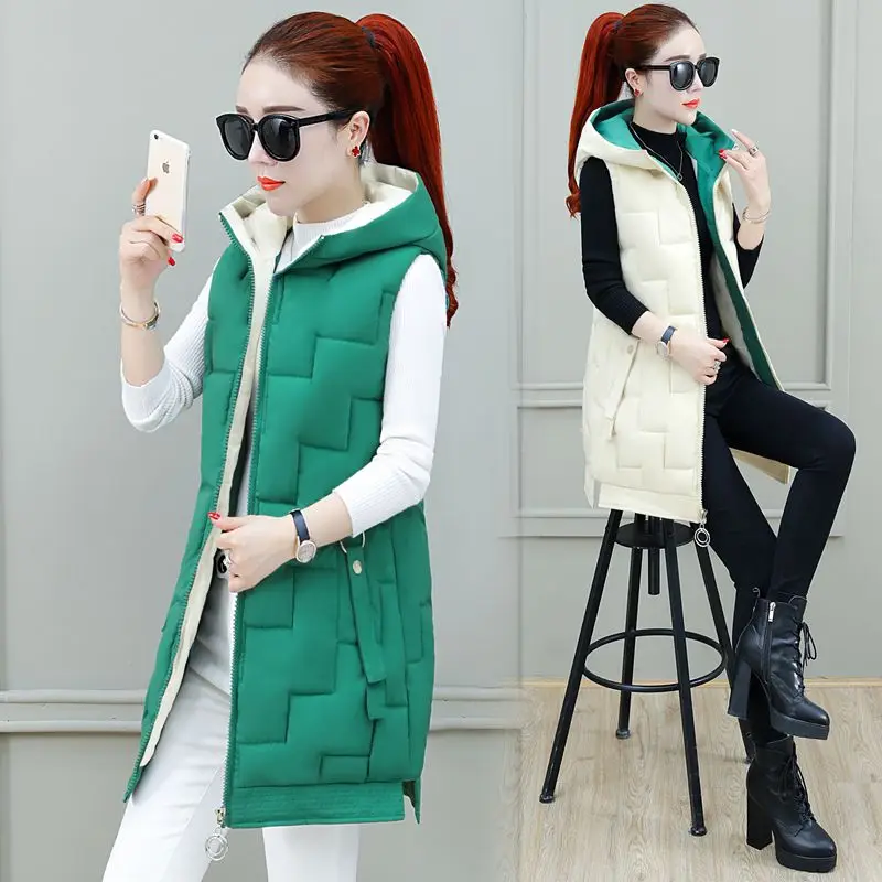 Женский хлопковый жилет на молнии с капюшоном Длинный безрукавка|Жилеты и