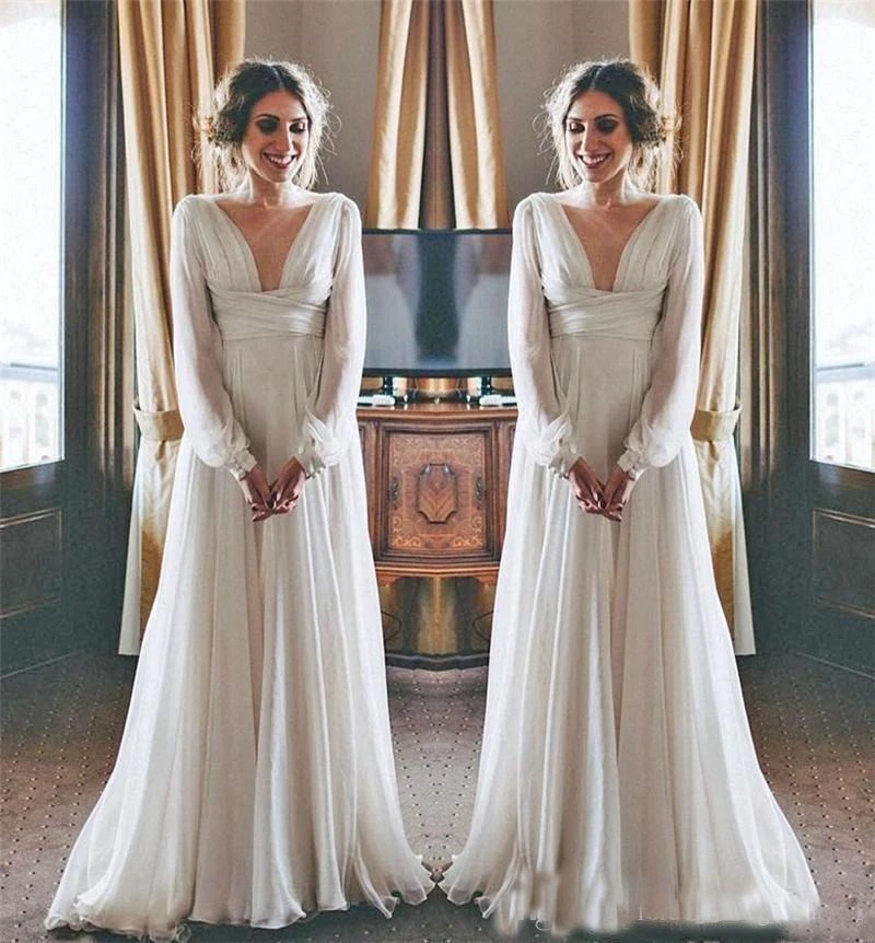Шифоновые Свадебные платья Бохо с длинным рукавом V образным вырезом размера