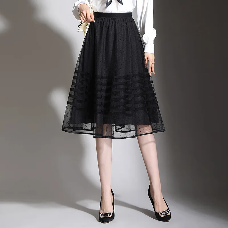

Women Fashion High Waist Black Mesh A-line Skirt Spring Autumn Office Lady Elegant Loose Big Swing Casual Mid-long Skirts 8575