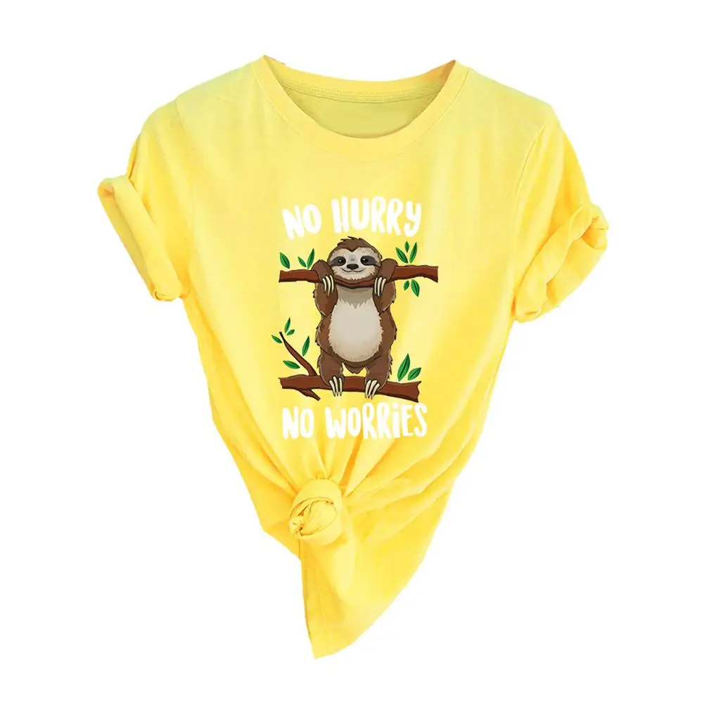 

No Hurry, No Worries Cute T-shirt Cartoon Sloth Print Short Sleeve Tops Plus Size Women Summer Casual Shirt Top Female 7 Colors