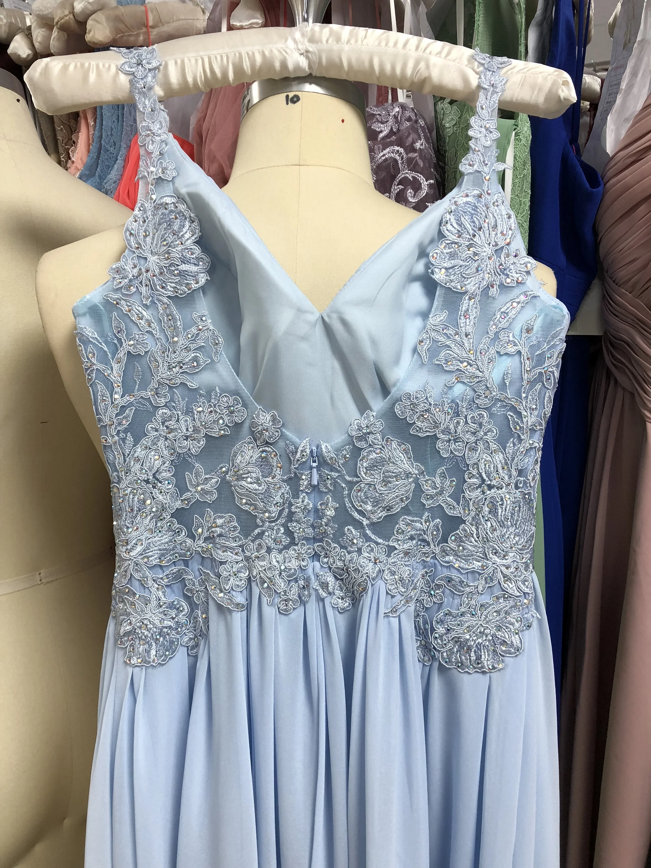 

light blue nice Evening Dress 2020 V-neck lace flower beads Decorative beauty luckgirls Customizable fashion Mocini Tailor