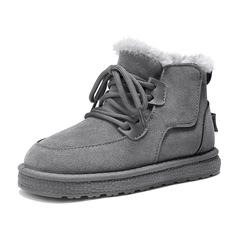 

6-15y Big Kids Brown Mid-calf Cotton Casual Shoes Boys Grey Short Felt Boots Shool Students Black Burr Flanging Plush Snow Boots