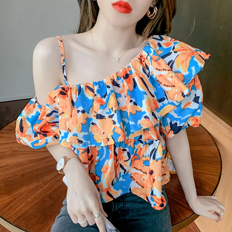 

2021 Summer New Design Mesh Short Puff Sleeve Elastic Loose One Shoulder Top Sexy Noble Lady Dating Office Shirt Woman Clothes