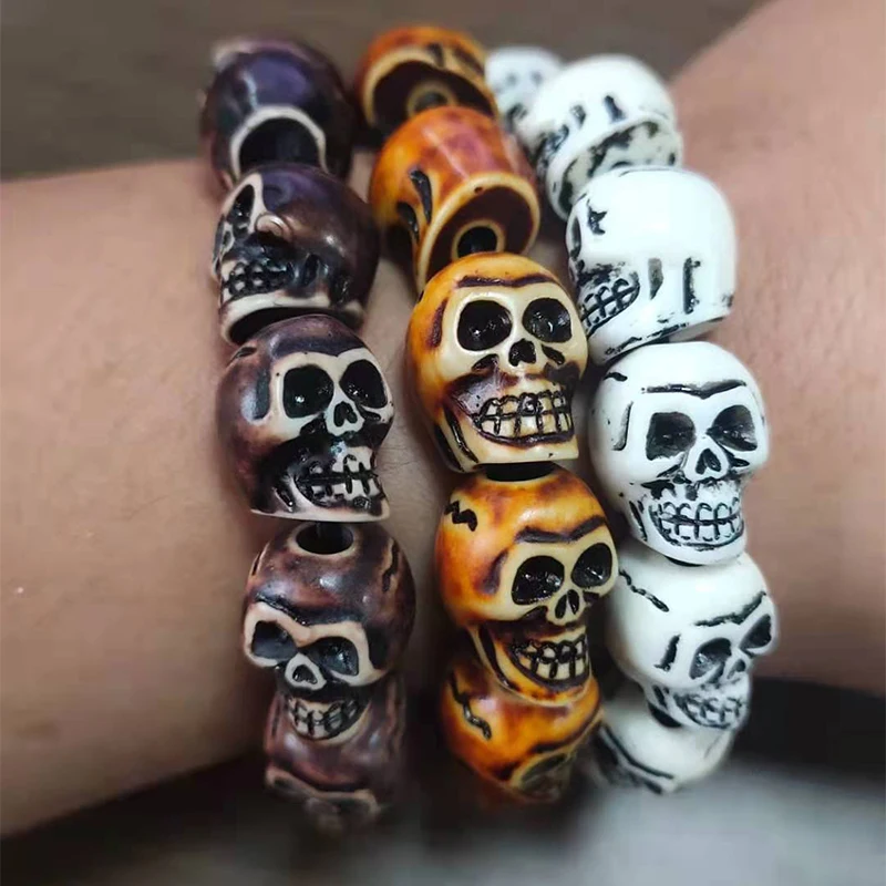 

Ant Angel Travel Souvenir Imitation Bone Carving Scary Skull Bracelet Old Weathered Pattern Tibetan Bracelet Beads