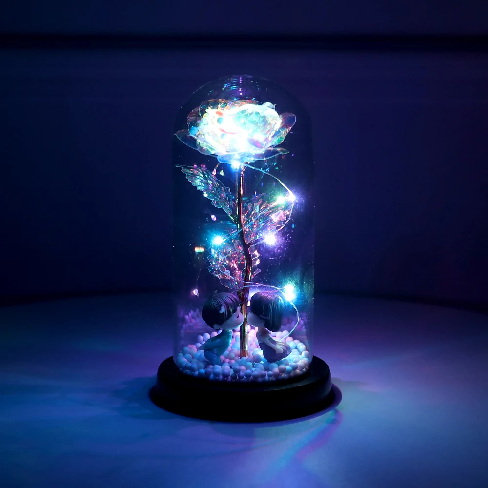 

Artificial Eternal Rose LED Light Kiss Glass Covered Bedside Lamp Luminous Christmas Home Decoration Mother Valentines Day Gift