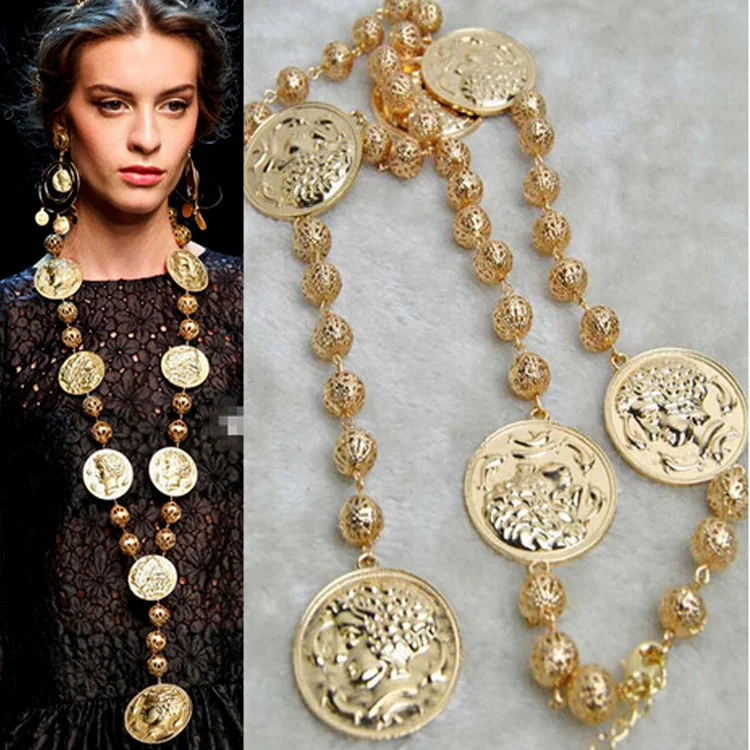 

2021 Coin Show retro style metal human head Necklace Round brand long exaggerated necklace wholesale
