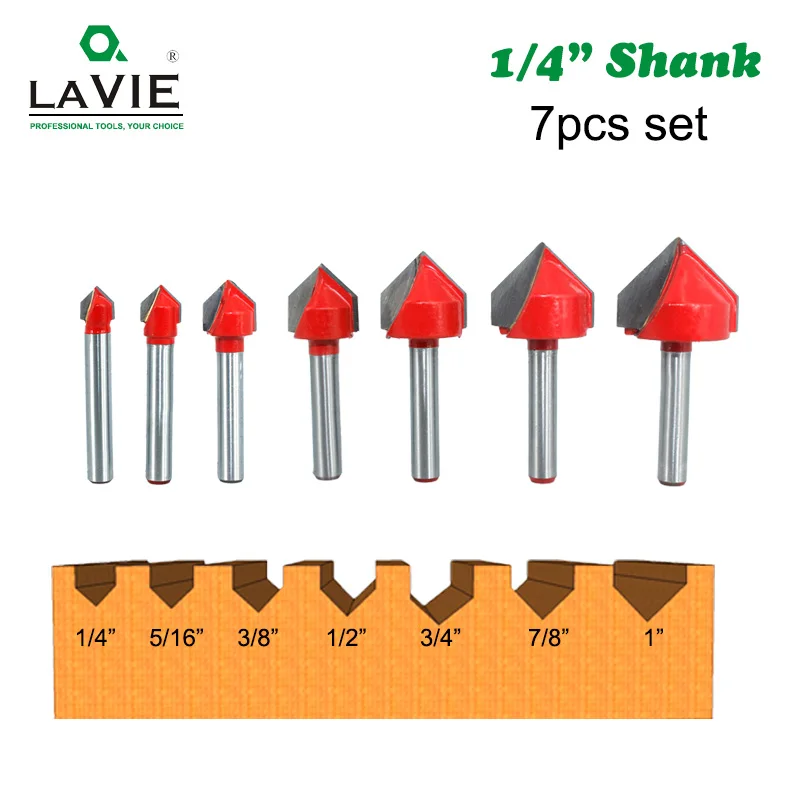 LAVIE 7pcs 6.35mm 1/4 inch Shank 90 Degree V Type Router Bit Edge Forming Bevel Woodworking Milling Cutter for Wood Bits MC01121