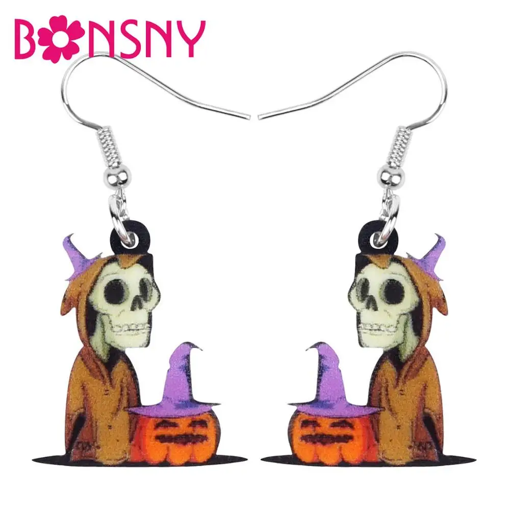Bonsny акриловые Хэллоуин Аниме череп ведьма демон Тыква серьги-подвески в форме