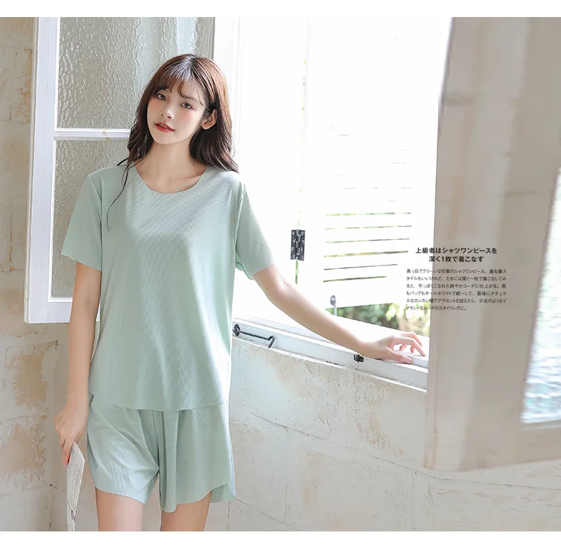 Pajamas Sets Women's Summer 2021 New Sweet Ice Thin Short Sleeve Nightwear Leisure Home Clothes 2Pcs Suit Sleepwear Lingerie