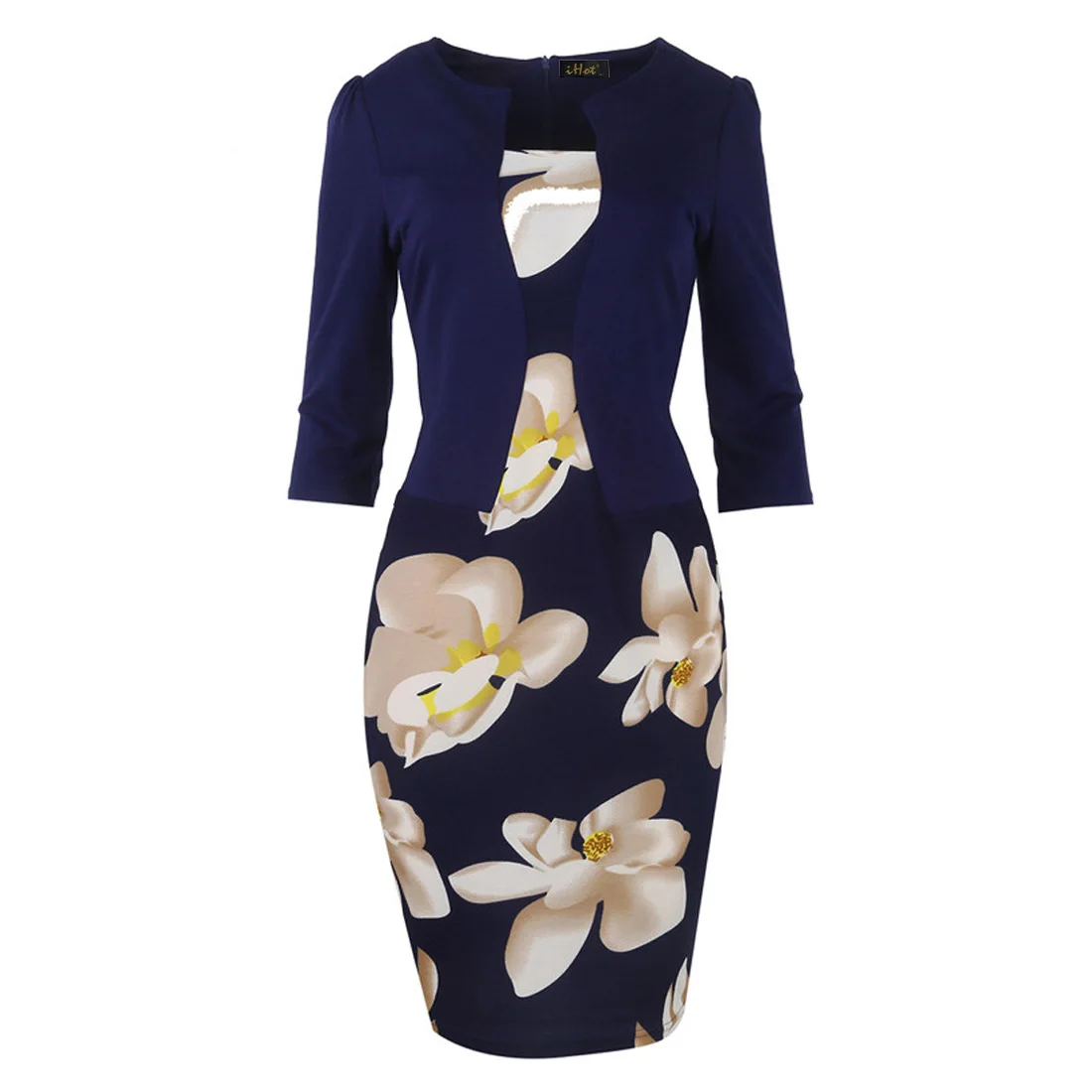 

BacklakeGirls Women Fashion Elegant Knee Length Fake Two-piece Office Dress Slim Fit Printed Dress With Sleeves Suit Dress