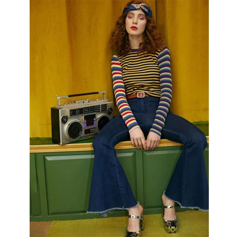 ZAFUL один размер контрастные радужные полосы укороченный свитер тонкий короткий