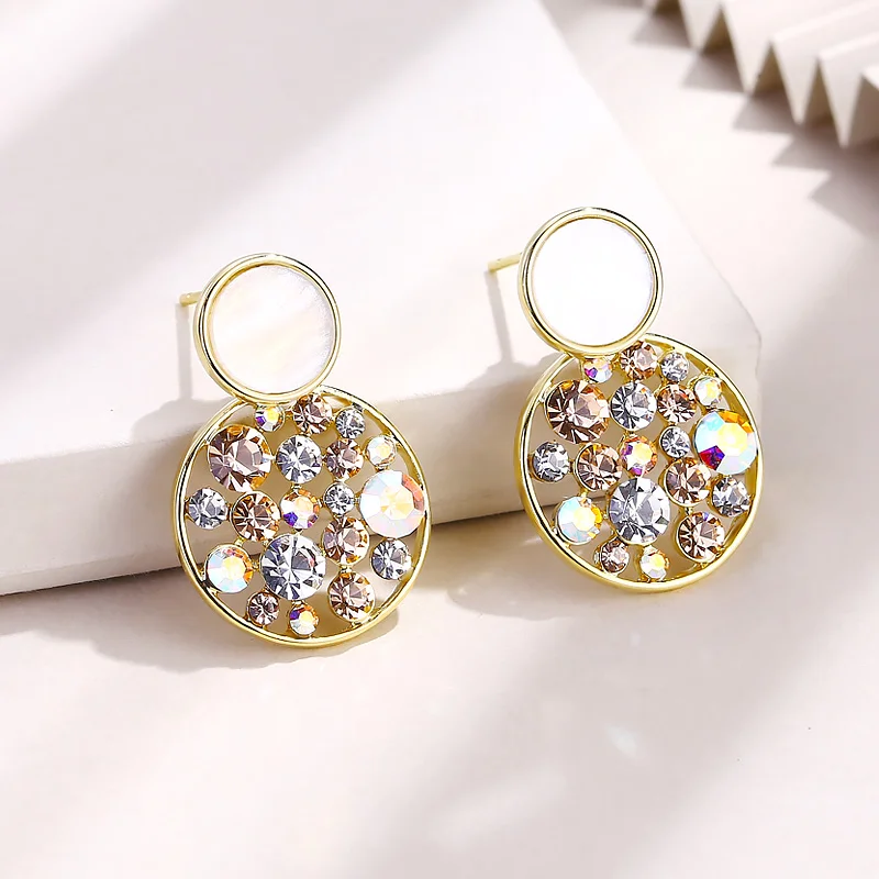 

Crystal Drop Earrings Luxury Shining Gold Color Geometry Round Rhinestone Dangle Earring for Women Wedding Party Jewelry
