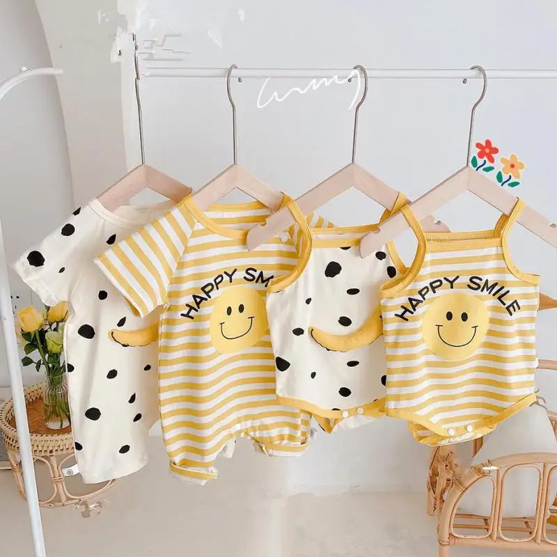 

2021 Summer New Cute Cartoon Baby Romper Banana Jumpsuit For Boys Fashion Newborn Striped Onesie Girls Smiley Romper 0-24M