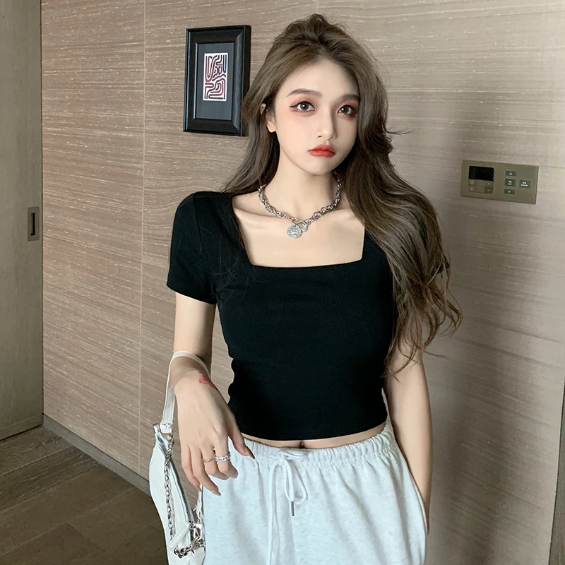 

Western Style Square Collar Sleeve T-shirt Women's Clothing 2021 New Summer Design Short Top Slim Slimming Bottoming Shirt