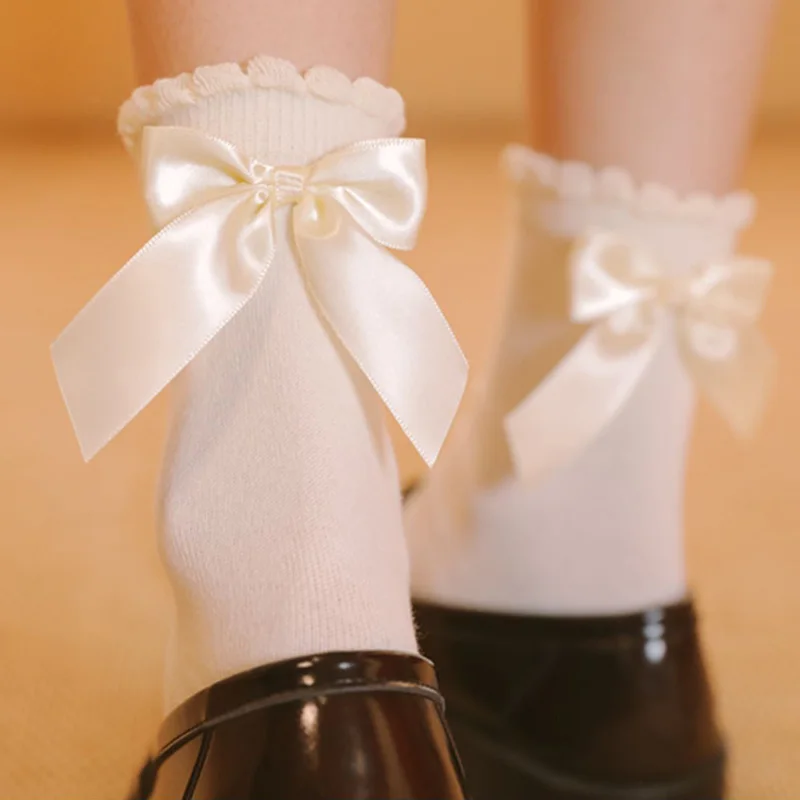 

Spring New Women Socks Japanese Lolita Jk Uniform Heel Silk Bowknot Middle Tube Socks Fashion Soft Girl Cotton Breathable