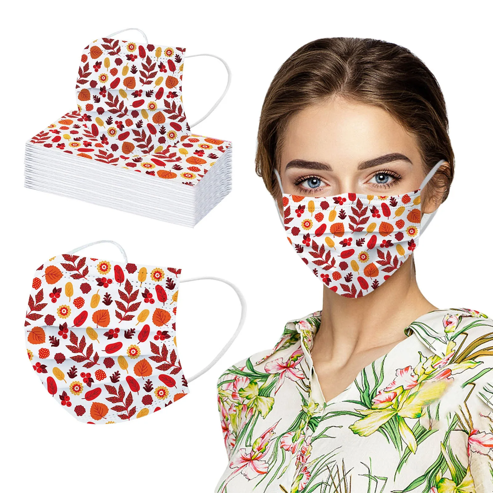 

50pcs Adult Thanksgiving Printed Mask Disposable Face Mask Fashion 3Ply Ear Loop Face Mask Fashion Masque Mascarillas
