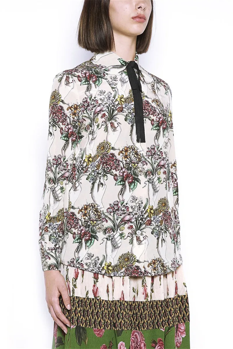 Женская блузка с цветочным принтом винтажная бантом и длинным рукавом летняя