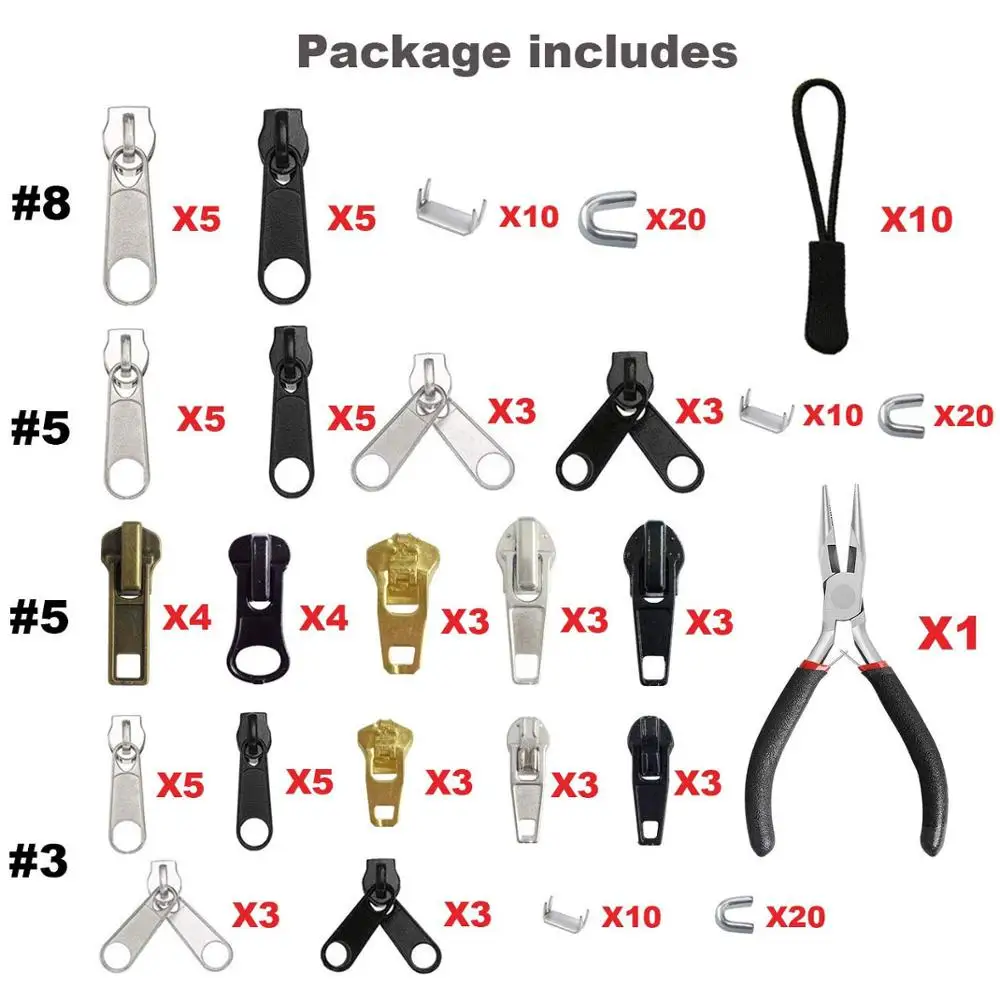 169 Pcs Zipper Repair Kit Replacement Pull Rescue with Install Pliers Tool &amp Extension Pulls for Clothing Jackets | Дом и сад