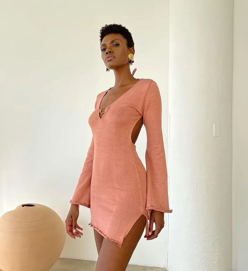 

Autumn 2021 new women's fashion long-sleeved sexy V-neck halter slim dress with split ends