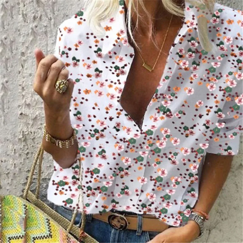 Flowers White Весенняя женская блузка для отдыха, топы, женские офисные блузки с цепным принтом, женские стильные блузки с длинным рукавом, женские 5XL - Цвет: Flowers White