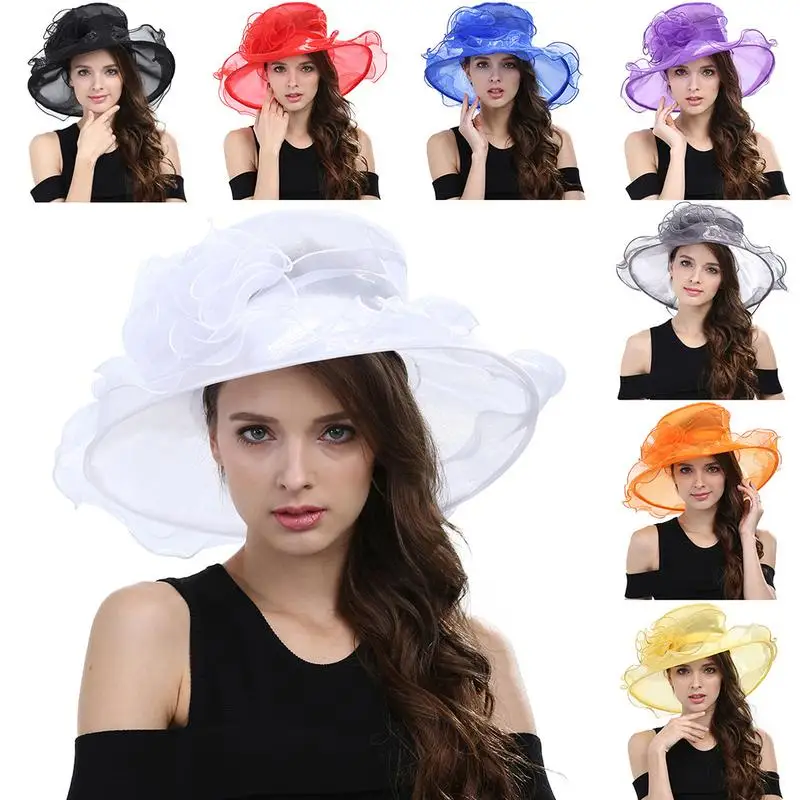 Шляпа женская из органзы элегантная пляжная Панама от солнца с широкими полями и