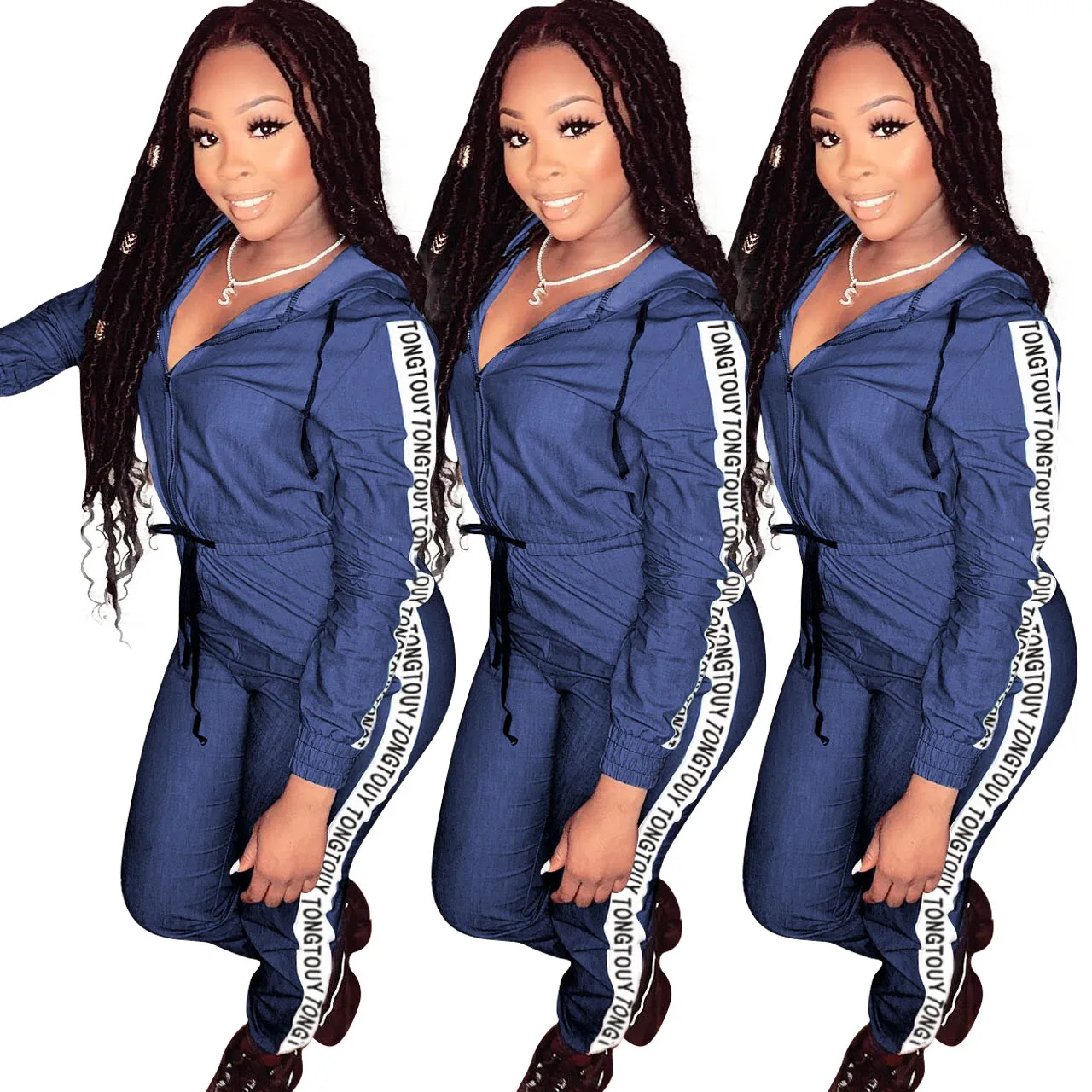

Noble Classic Blue European and American Women's Loose Denim Fabric Zipper Hat Jumpsuit Mid-waist Loose Ladies Winter Jumpsuit