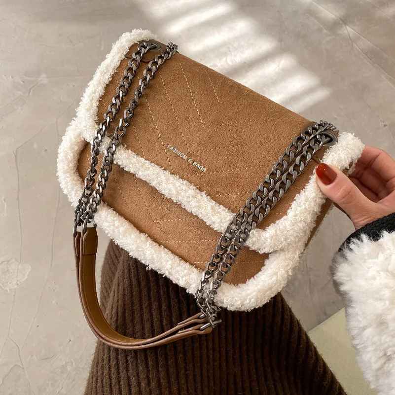 

Модная плюшевая Сумка-тоут для женщин, повседневная сумка из искусственной кожи с овечьей шерстью, сумки-мессенджеры на плечо для женщин 2021,...