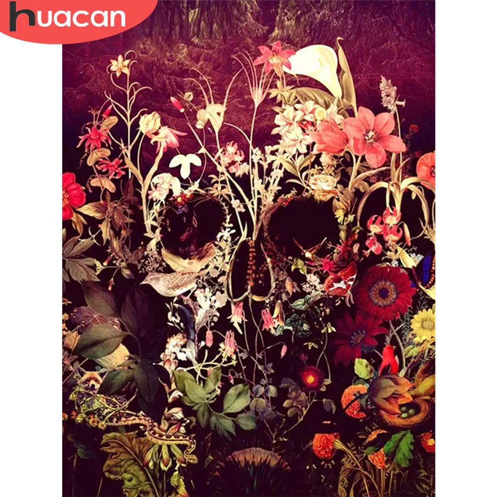 

Алмазная 5d картина HUACAN с черепом из стразов, мозаика «сделай сам», картины с цветами, полноразмерная/круглая Алмазная вышивка, ландшафт, дом...
