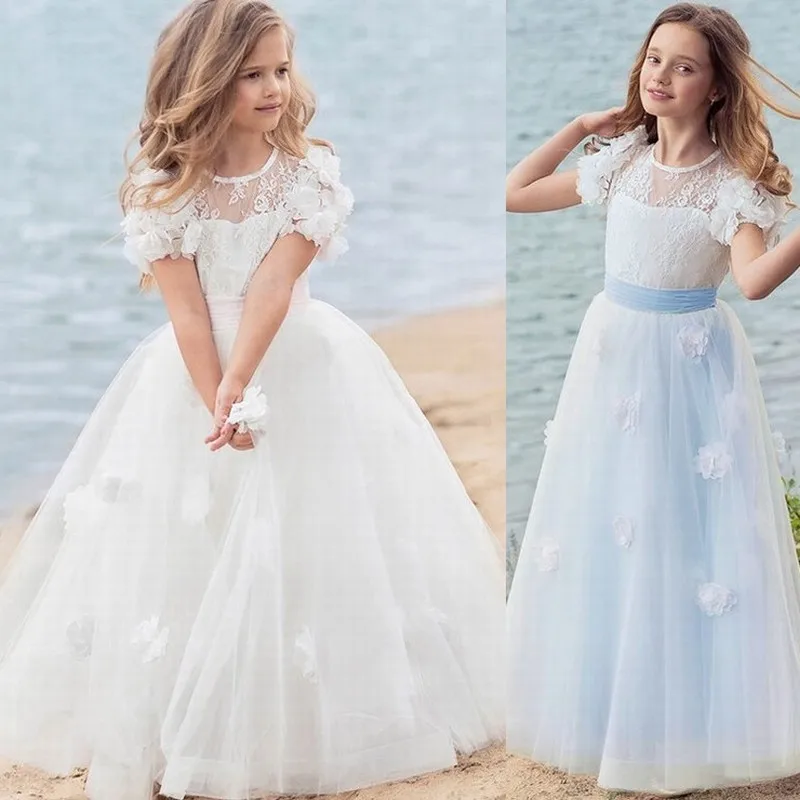 Pageant Kids Flower Girl Dresses For Wedding Short Sleeve Princess Gown Girls First Communion Vestido Primera Comunion 2020