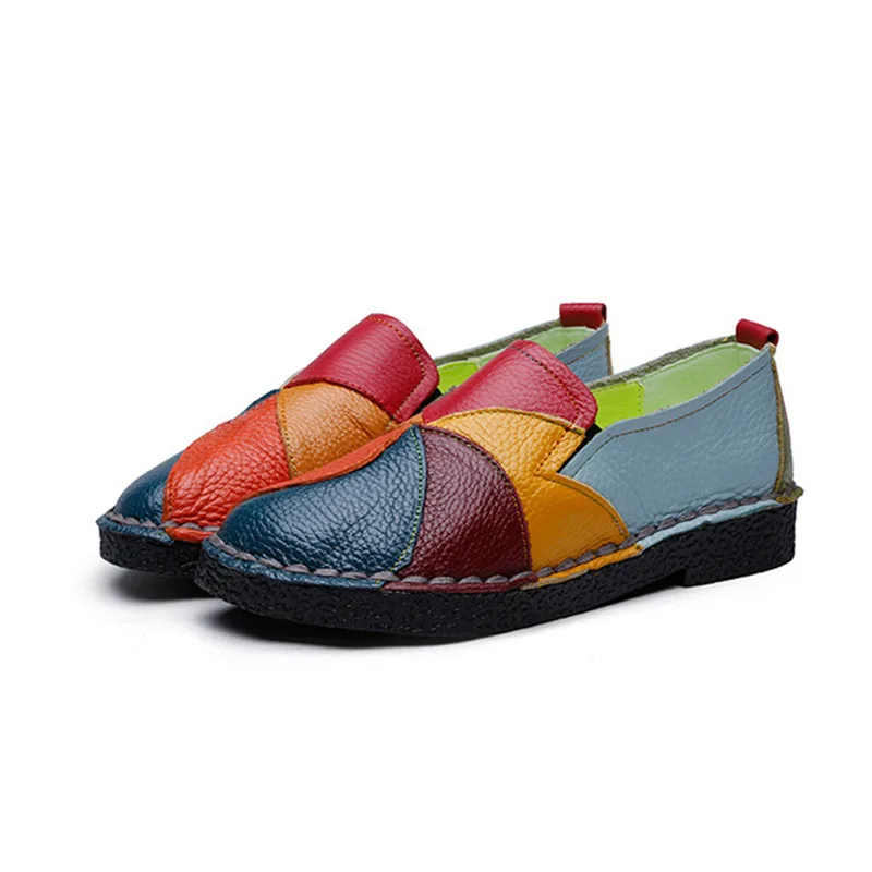 

Creativity Splicing genuine leather flats female Round toe walking shoes women flats 2020 fashion