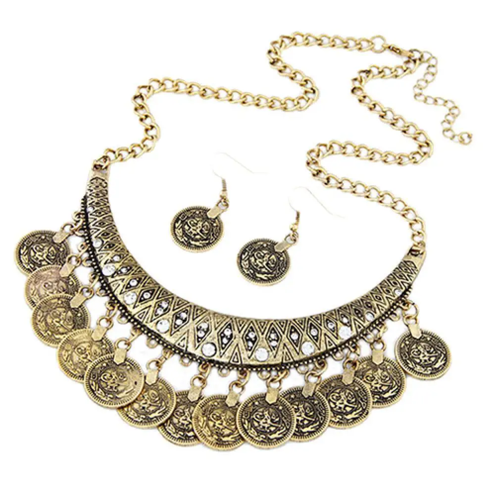 

Women's Vintage Coin Style Choker Necklace Hook Earrings Statement Jewelry Set