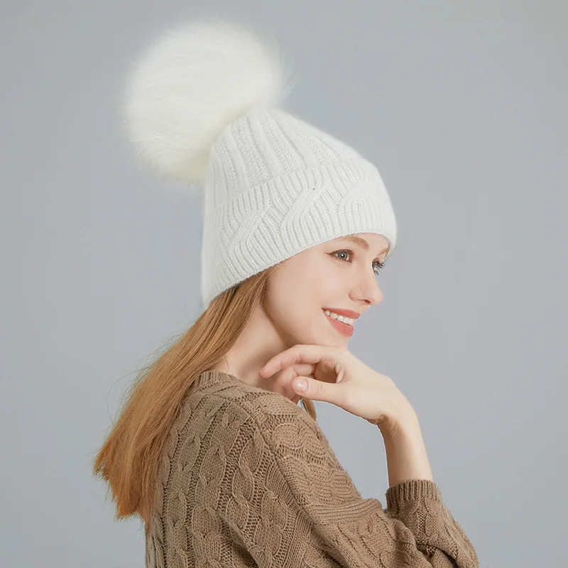 

Hats For Women Large Raccoon Fur Ball Beanies Adult Hat Female Winter Hat 1124