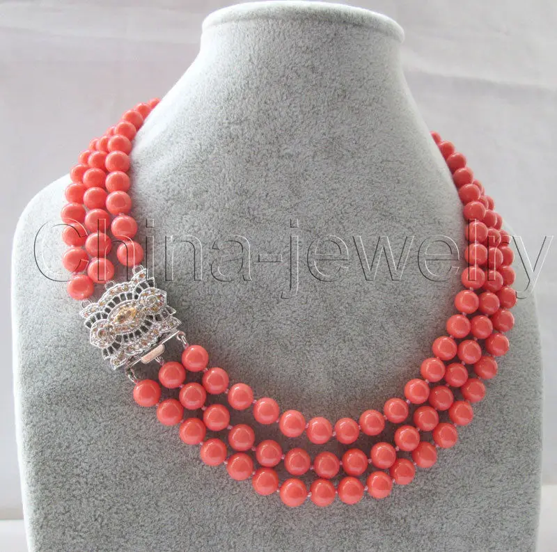 

30% OFF Wholesale price 16new AAA 3row 17-19 " 8mm perfect round pink coral necklace - white gild zircon clasp BB1025