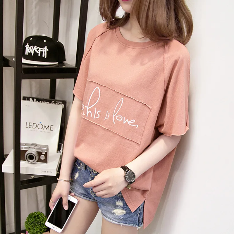 

#2651 Summer Short Sleeve T Shirts Women Cotton Loose Tee Shirt Female Round Neck Tees Side Split Letter Tshirts Women 45-90kg