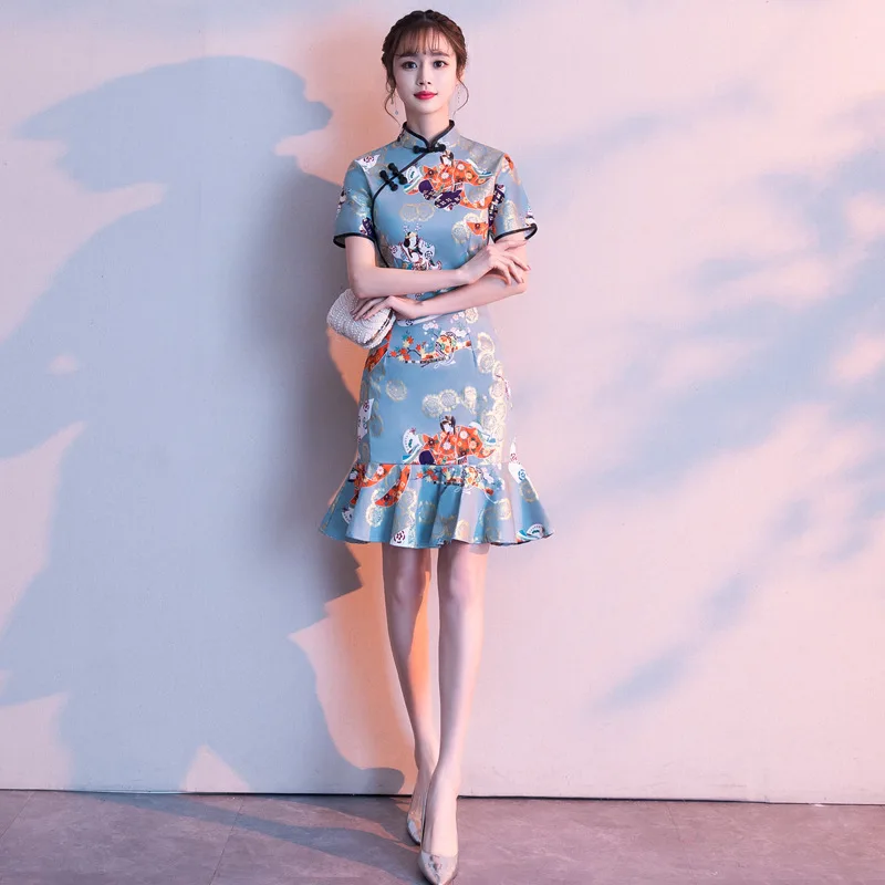 

Sexy Short Women Cheongsam Skirt Print Plant Satin Mermaid Evening Dresses Elegant Novelty Qipao Formal Party Chinese Dress 3XL
