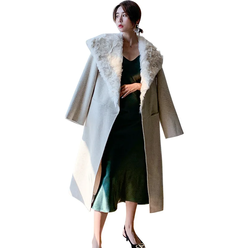 

Brand Famous Women's Double-Faced Cashmere Wool Coat 2020 Winter New Fashion Long Coat Large Lapel Design With Belt