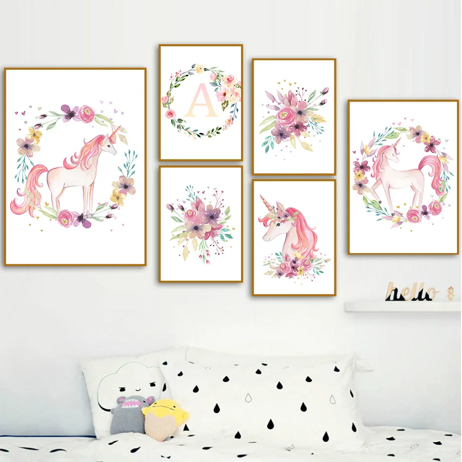 Картина на холсте "Розовый единорог" с именем ребенка, постеры и печати для детской комнаты с изображением цветов и единорога в стиле скандинавского дизайна.
