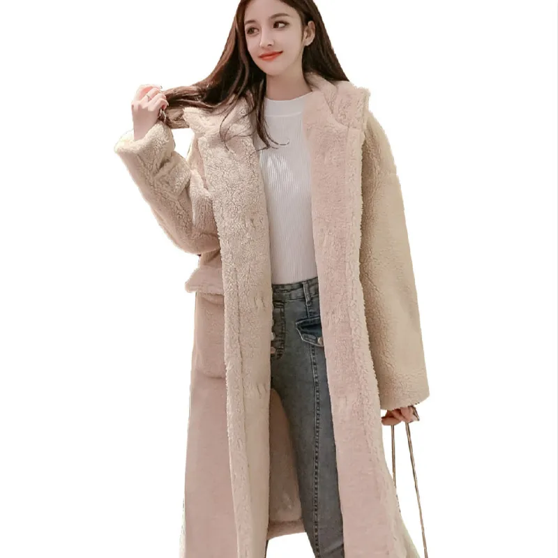 

Hooded horn buckle lamb fur coat cotton jacket women's mid-length 2019 winter Korean loose lamb down plus velvet cotton