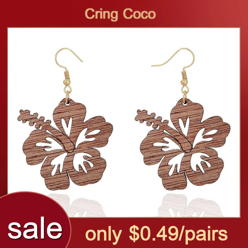 

Распродажа, Гавайские деревянные серьги ручной работы, богемные Цветочные натуральные деревянные Висячие Подвески, винтажные крупные серь...