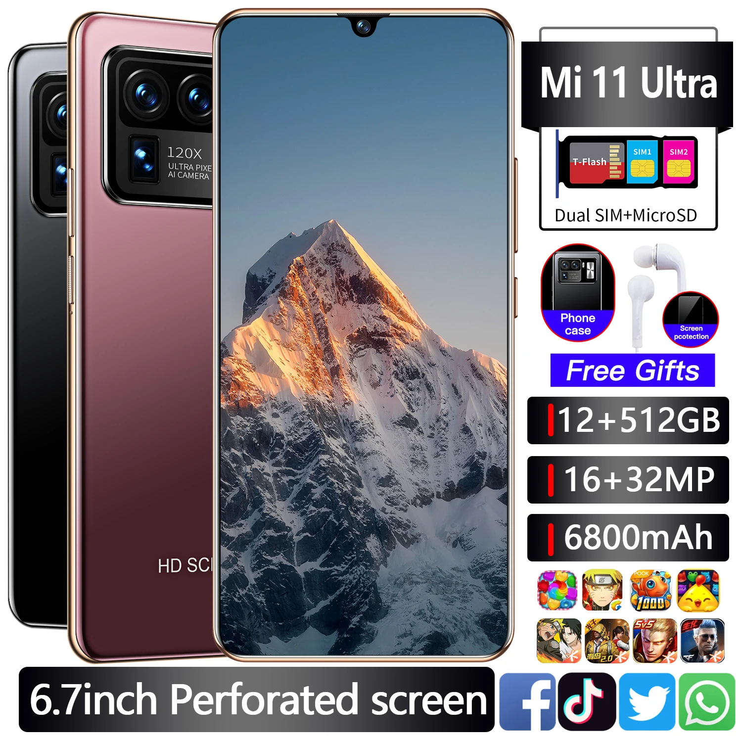 

Mi11 Ultra 5G 6,7 pulgadas 6800mAh 8 + 256GB 16 + 32MP 1440*3040 MTK6889 10 Core identificación facial Android 11,0 más en la li