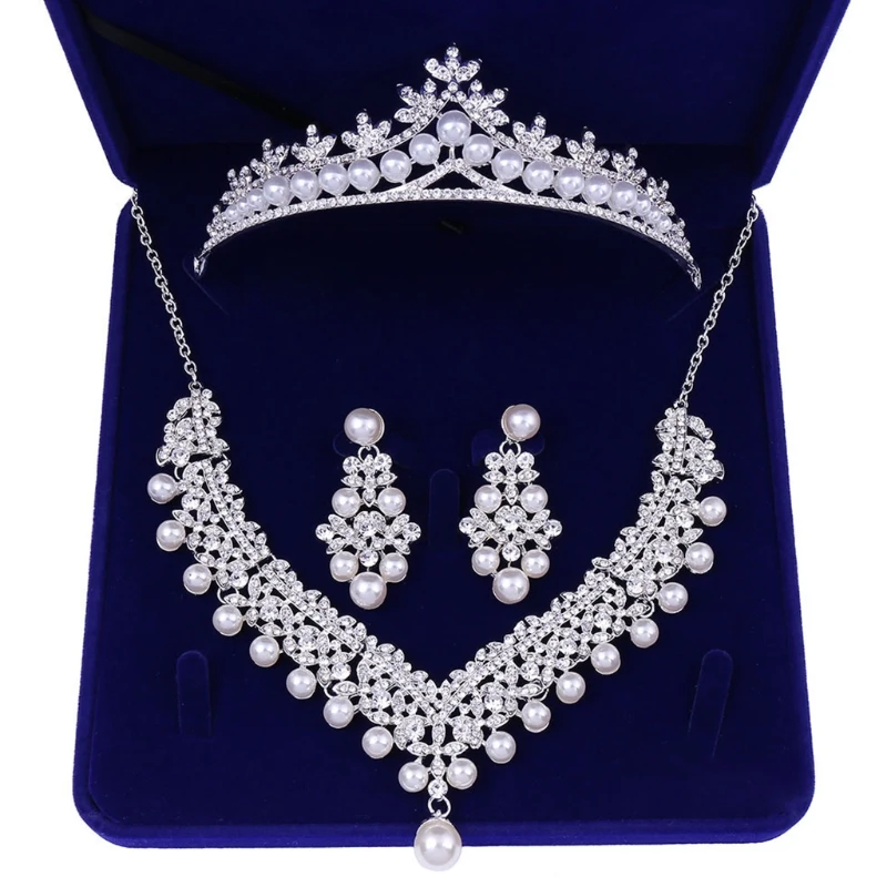 

C6UD Bride Silver Necklace Earrings Crown Set Crystal Bridal Wedding Jewelry Sets Rhinestone Choker Earring Tiara for Women