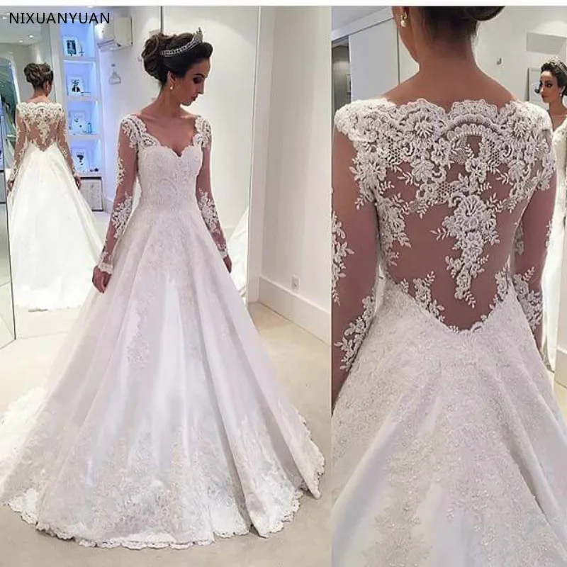 

Sexy Long Sleeves Wed Dress A Line Wedding Dress 2021 Lace Bridal Gowns Lace Appliques Wedding Dress Women Robes Mariage
