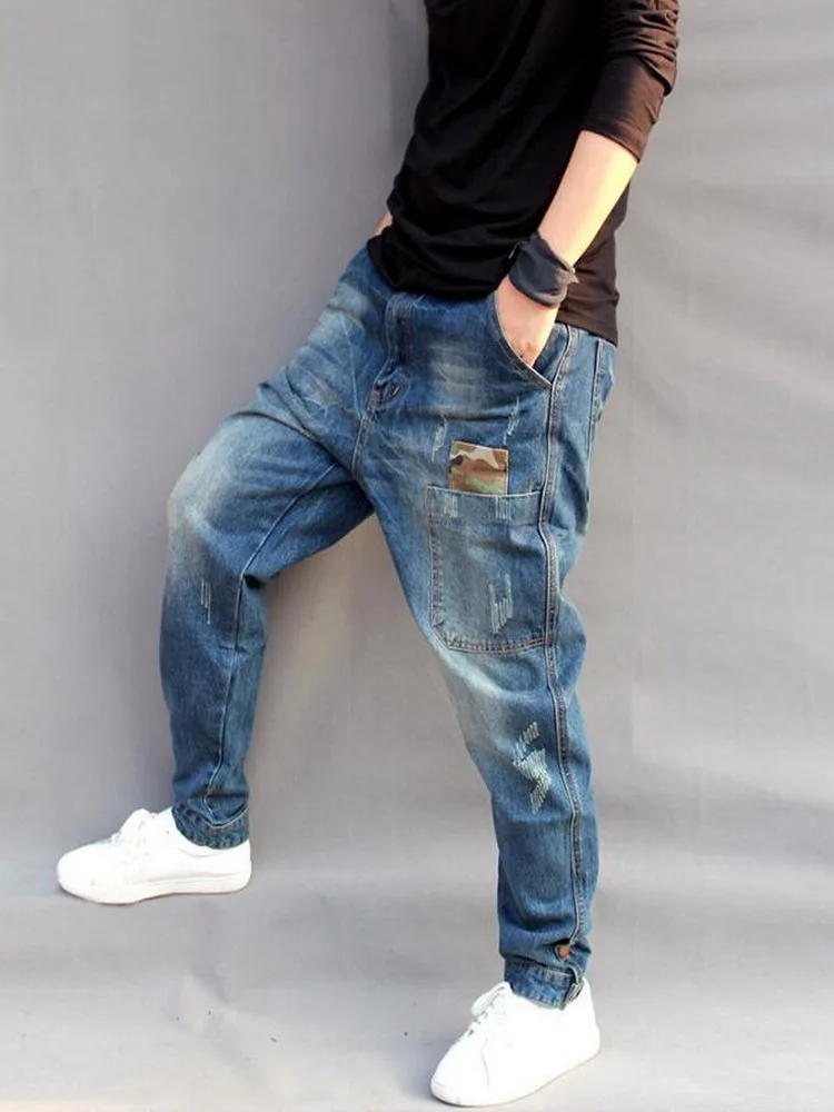 Men Loose Baggy Jeans Street Style Harem Denim Pants Splicing Denim Pants Hip Hop Harem Jeans