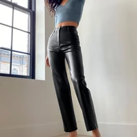 fashion faux leather high waist straight leg pants womens casual pants autumn sexy trousers with pockets streetwear tights