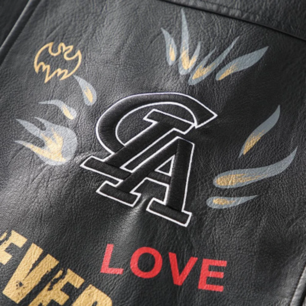 

Men Casual Print Jackets PU Faux Leather Slim Long Sleeve TurnDown Collar baseball Windbreak Zipper Coat Embroidery Male Outwear