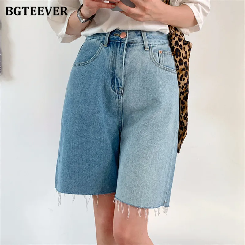 

BGTEEVER Casual Streetwear High Waist Tassels Pockets Women Denim Shorts 2021 Summer Hit Colors Ladies Straight Jeans Shorts