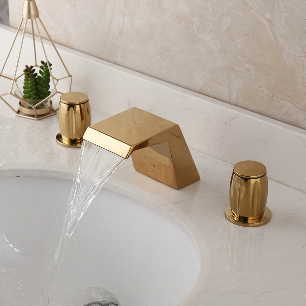 YANKSMART 3 Pcs Golden Plated Bathroom Bathtub Faucets Waterfall Spout Dual Handles Faucet Deck Mount Hot &amp Cold Mixer Water Tap |