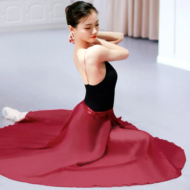 

2021 New Dance Skirt Women Long Chiffon Ballet Skirts Adult Ballroom Dance Skirt Black Burgundy Ballet Costume Waist Tie Dress